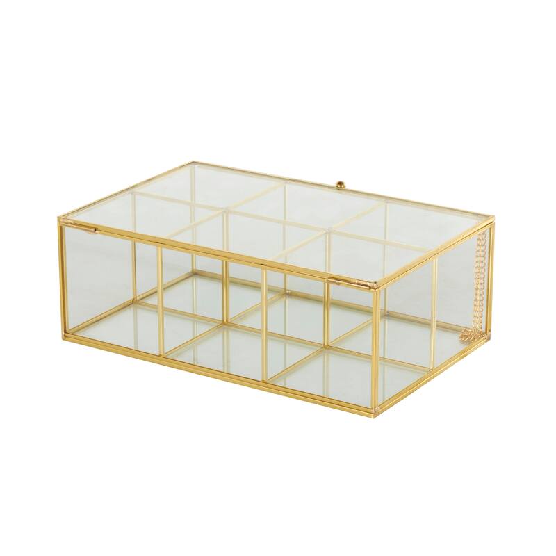 Clear Glass 3 or 6 Slot Jewelry Box with Gold Metal Frame and Chain Accent