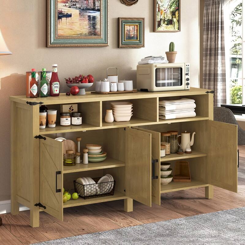 Modern 4-Door Sideboard Buffet with Power Outlets Adjustable Shelves and Half-Open Storage Design