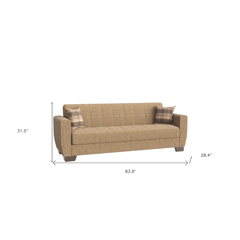 HomeRoots 84" Brown Chenille Convertible Futon Sleeper Sofa With Toss Pillows And Storage