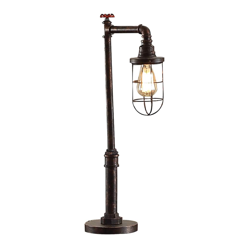 29 Inch Table Lamp, Dome Shade, Industrial Pipe Design, Rustic Bronze