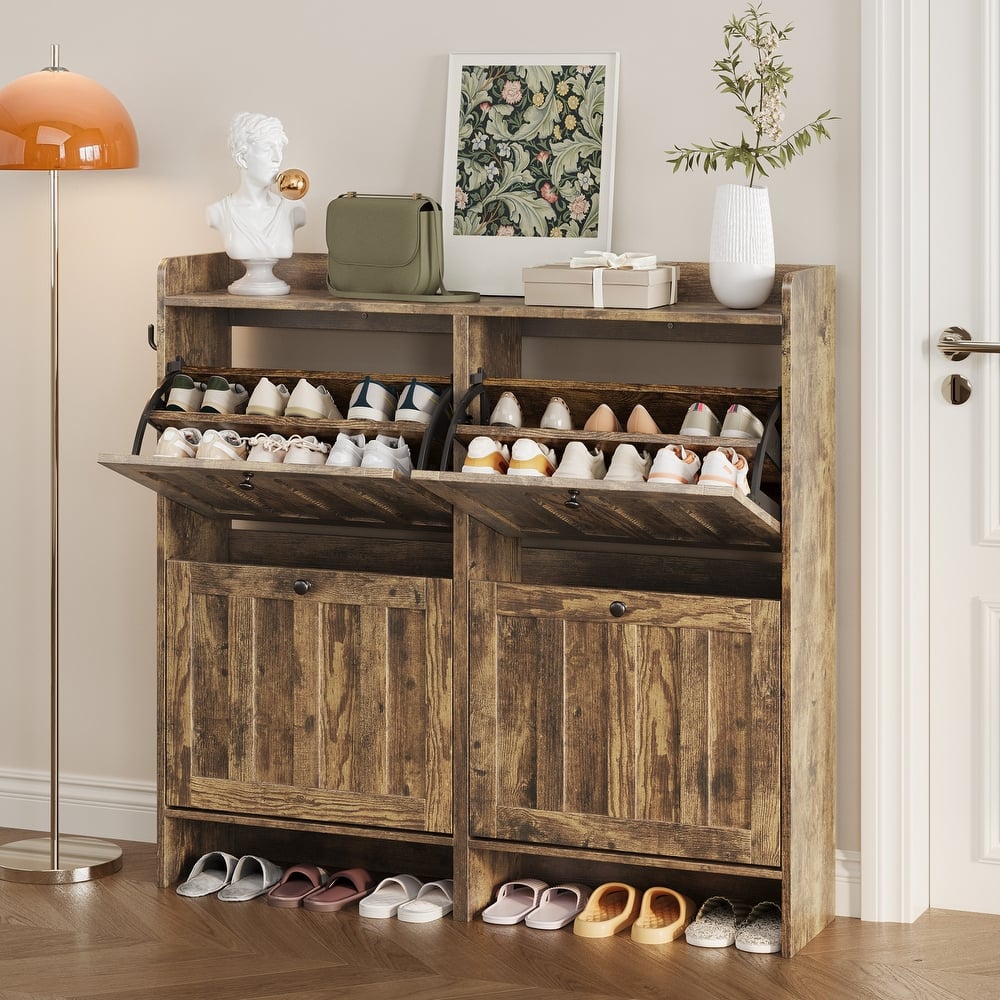 Shoe Cabinet with Flip Drawers, Slim Shoe Storage Cabinet for Entryway, Freestanding Narrow Rack with Open Storage