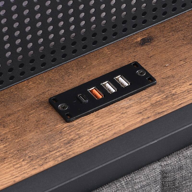 Tufted Upholstered Platform Bed, Heavy Duty Metal Slats Bed Frame, Storage Headboard with Charging Station and LED Lights