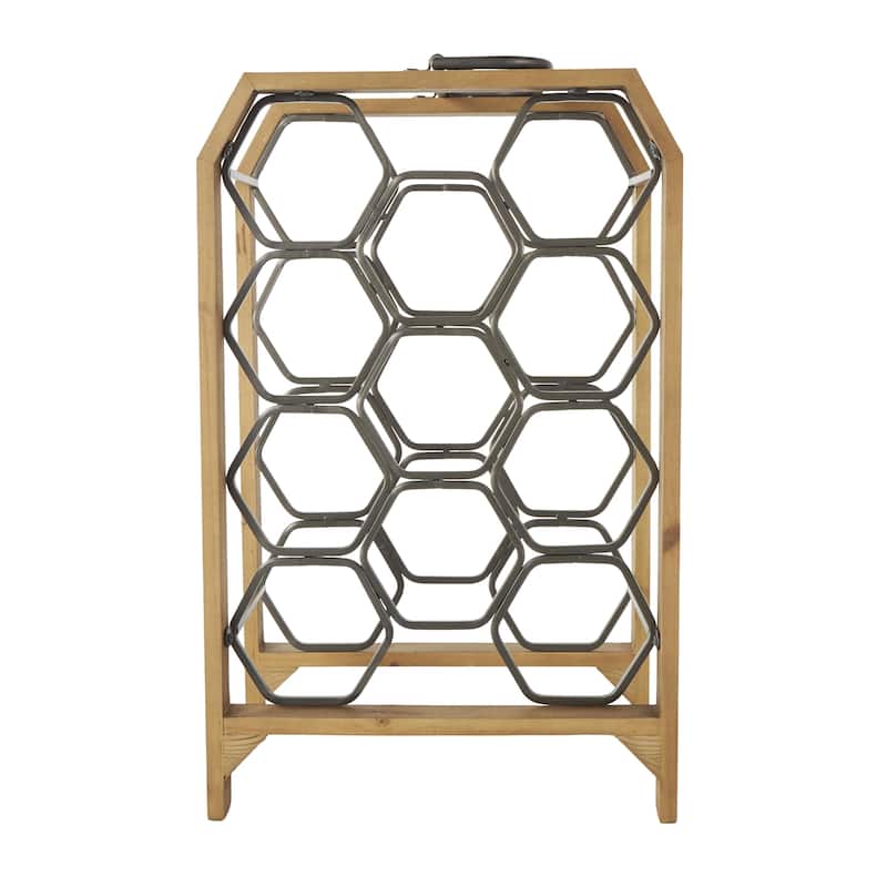 Wood Geometric 8 or 11 Slot Wine Rack with Gray Metal Curved Teardrop Holders - Brown - Roche River Decor