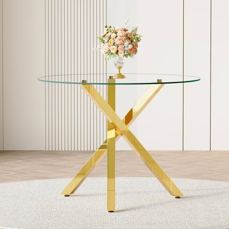 Modern X-Shaped Gold Metal Frame Round Dining Table, 39-inch Tempered Glass Top, Suitable for 2-4 Persons - Gold,Transparent - Gold,Transparent