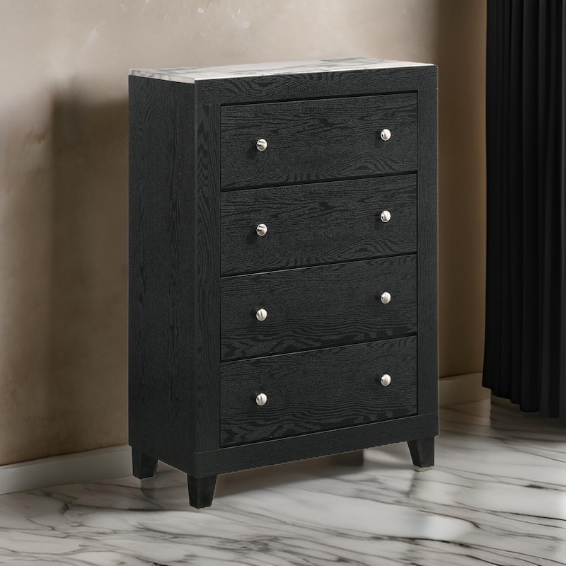 Yoh 47 Inch Tall 4 Drawer Dresser Chest with Marble Top, Metal Knobs, Black