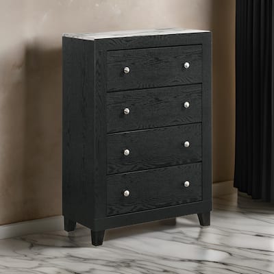 Yoh 47 Inch Tall 4 Drawer Dresser Chest with Marble Top, Metal Knobs, Black