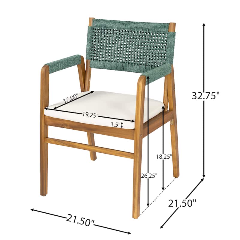 Christopher Knight Home - Capri 6-Piece Outdoor Dining Set in Acacia Wood with Beige Cushions and Green Rope Wicker Chairs