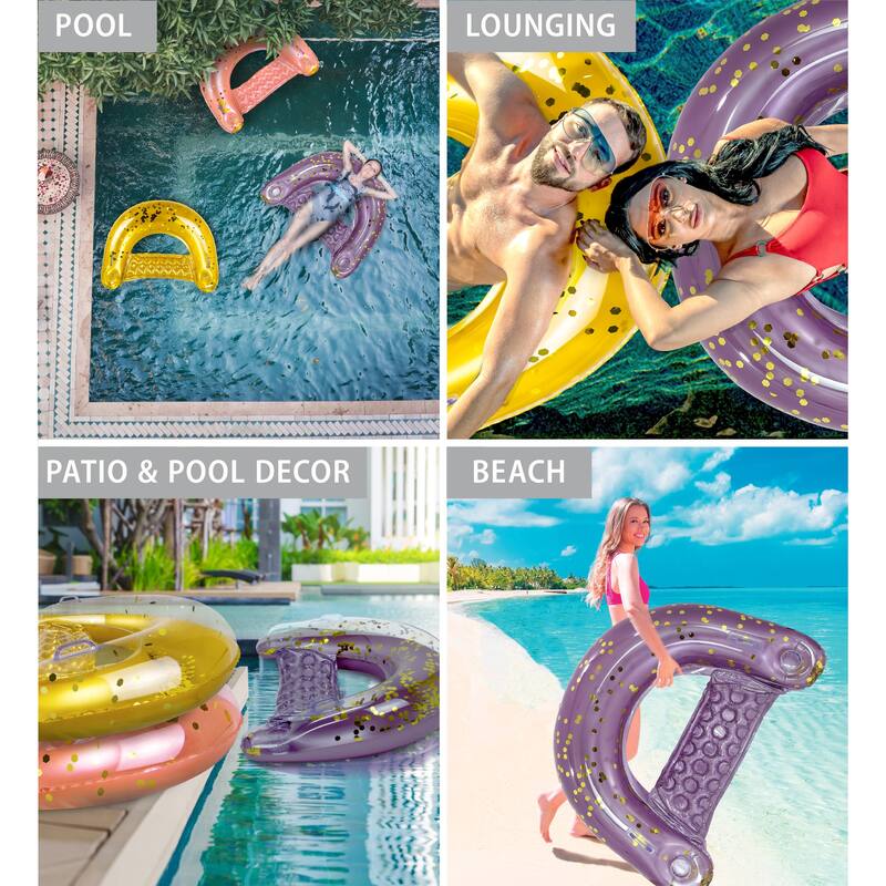 POZA Inflatable Purple Gold Pool Float Chair w/ 2 Built-in Cup Holders - 48×38 Inches