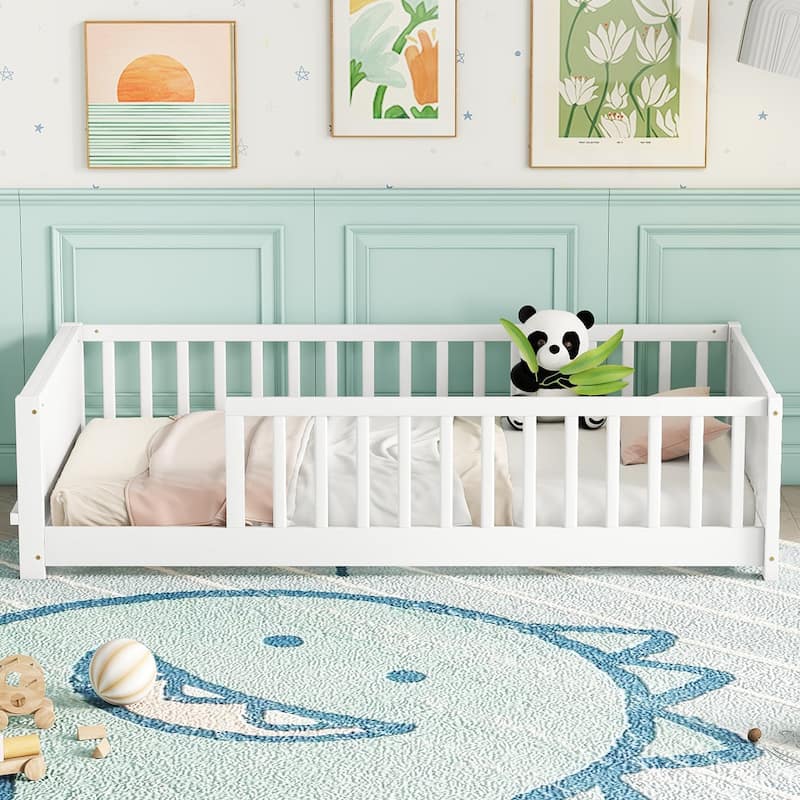 White Twin Size Pine Wood Floor Platform Bed with Fence