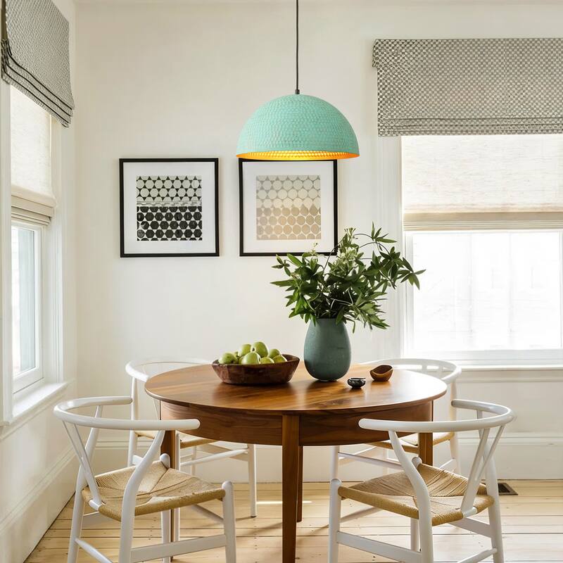 15.7" 1-Light Retro Antiqued Green Hammered Dome Pendant with Gold Interior Hanging Light for Dining Room