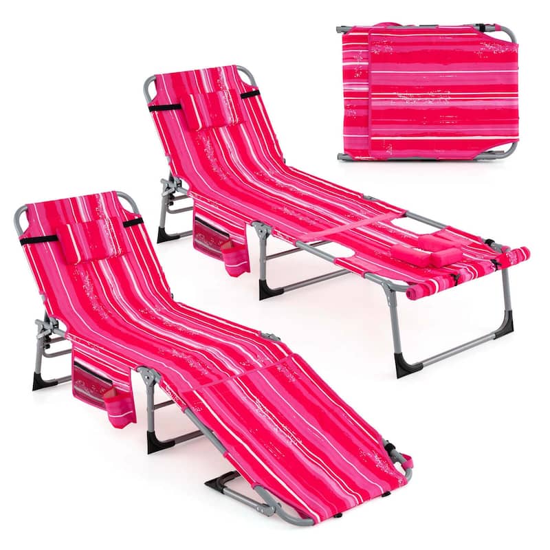 2 PCS Folding Tanning Chair Sunbathing Lounge Chair w/ Face Arm Hole - Pink