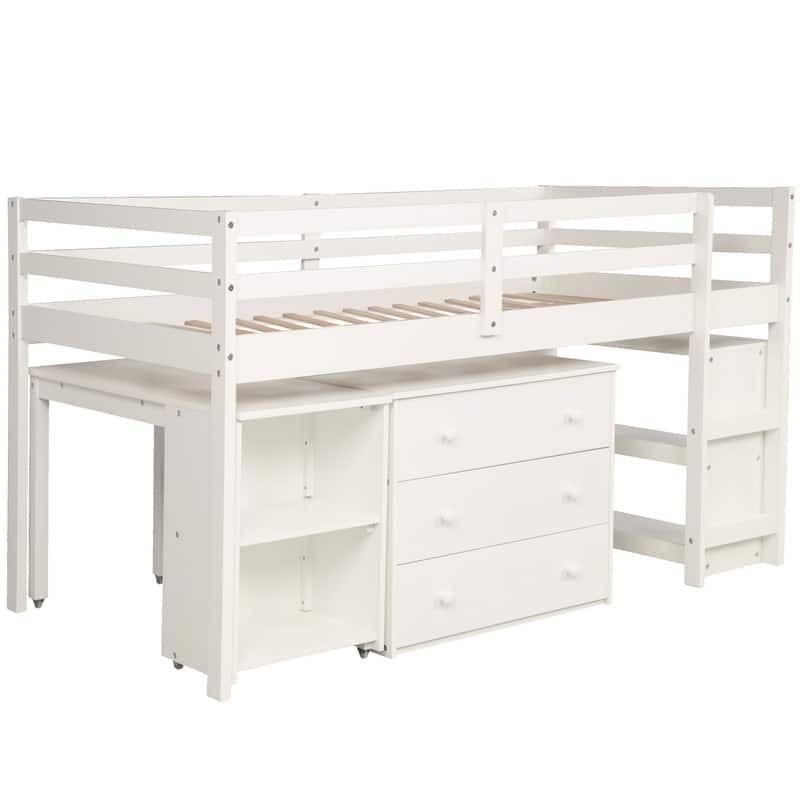 Twin Size Low Loft Bed with Cabinet and Rolling Portable Desk