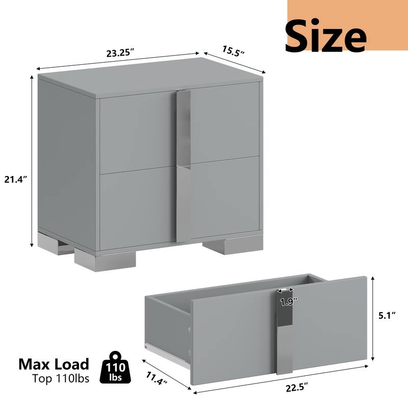 Modern End Table with Drawers, Elegant Nightstand with Metal Foot,Wood Bedside Table with Mirrored Metal Handles