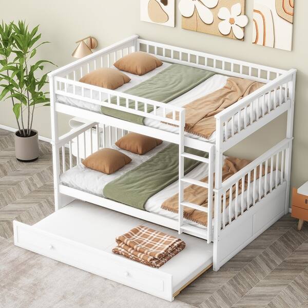 slide 2 of 11, Full over Full Wooden Bunk Bed with Twin Size Trundle & Safety Rail, Convertible to 2 Platform Bedframe for Kids Teens Bedroom