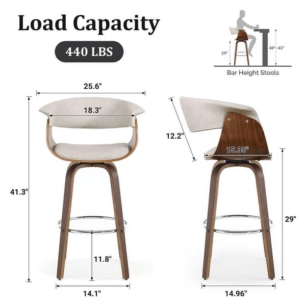 dimension image slide 13 of 14, 26"/29" Faux Leather Swivel Bar Stools, Wood Counter Stool