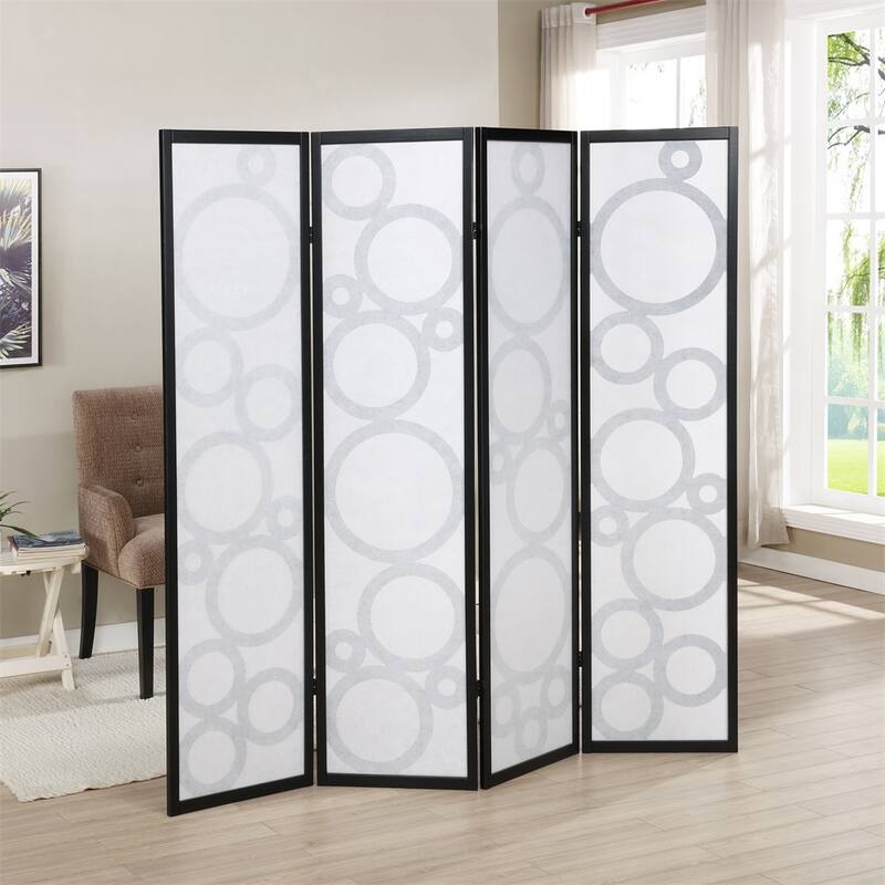 4-Panel Wood Room Divider with Circle Pattern - Black