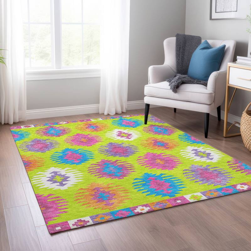 Machine Washable Indoor/ Outdoor Boho Tribal Chantille Rug