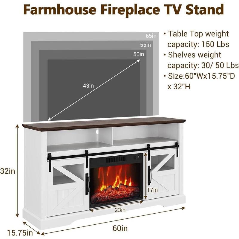 Farmhouse Electric Fireplace TV Stand Entertainment Center for Living Room, White