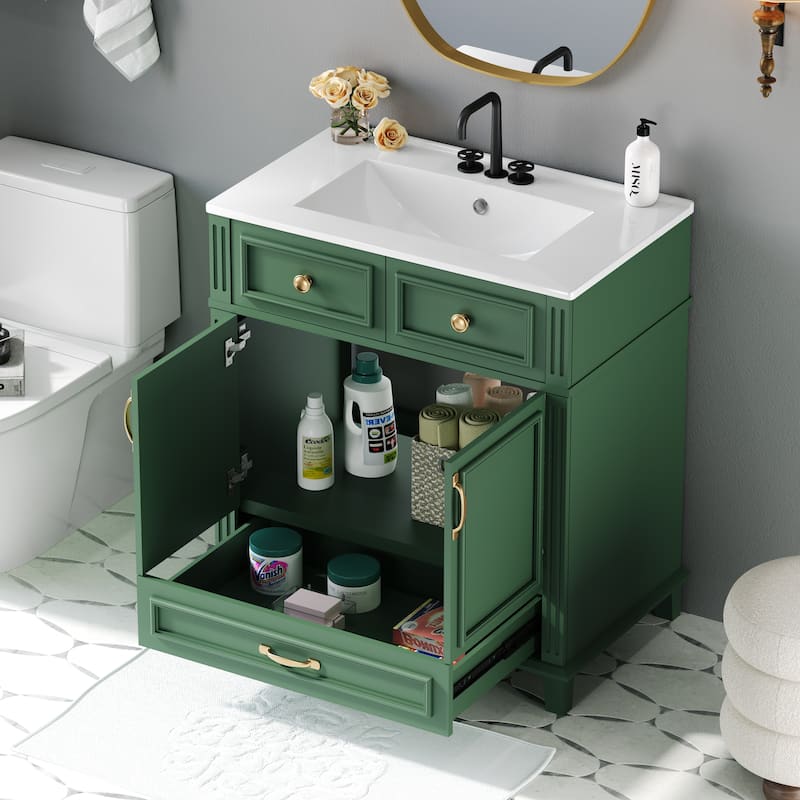 30''Bathroom Vanity With Ceramic Sink,Solid Wood Frame Bathroom Storage Cabinet With Soft Closing Doors,Retro Style