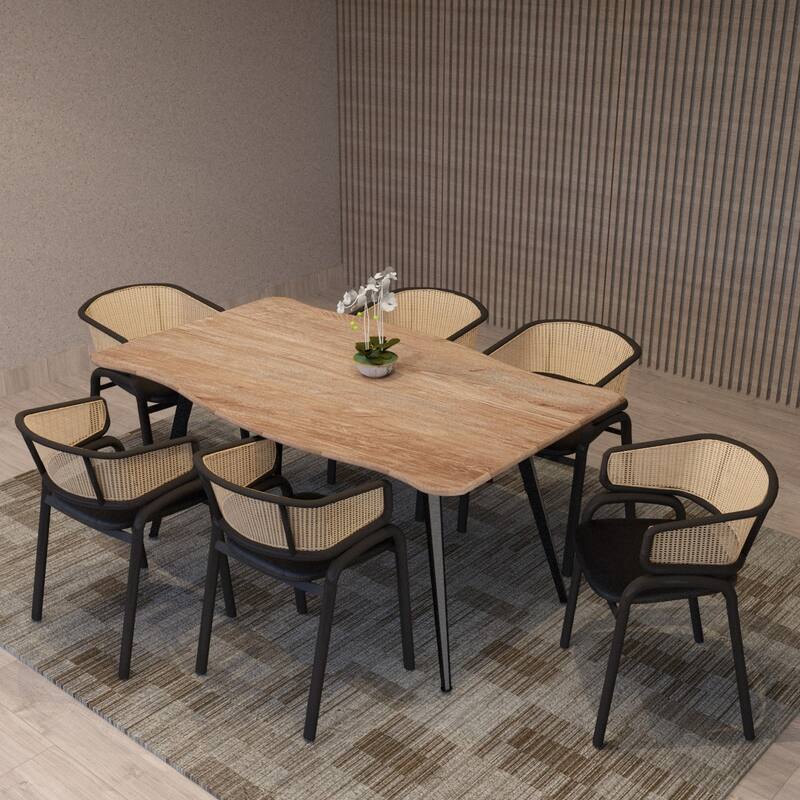 LeisureMod Modern Leather Dining Chair with Wicker Back & Black Steel Frame - Accent Side Armchair for Home Furniture