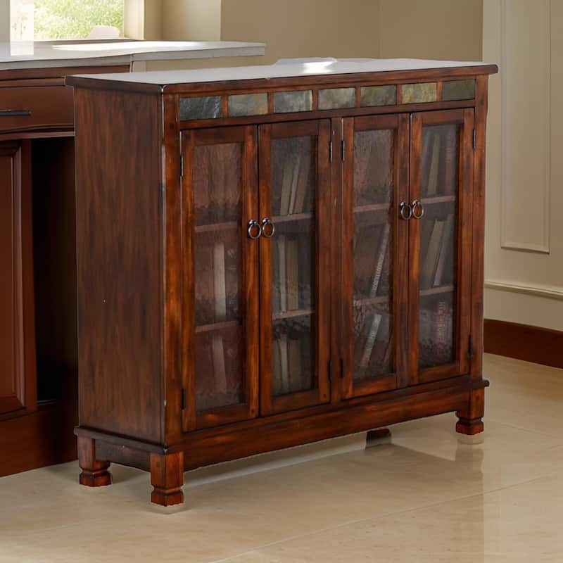 Odell Bookcase Cabinet, 4 Beehive Glass Doors, Slate Inlay Dark Brown