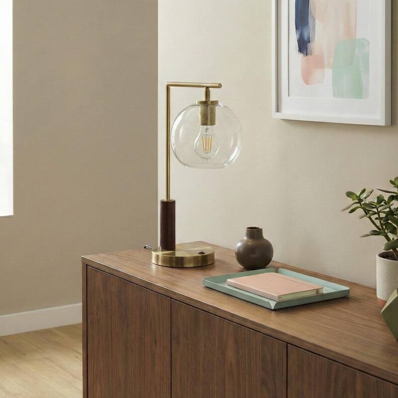 Gibbs Globe Table Lamp with Clear Glass Shade and Rubber Wood Base