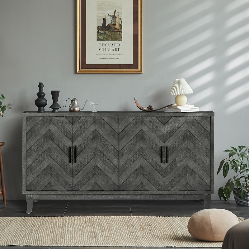 Vintage Style 4-Door Buffet Cabinet with Lacquered Accent Storage