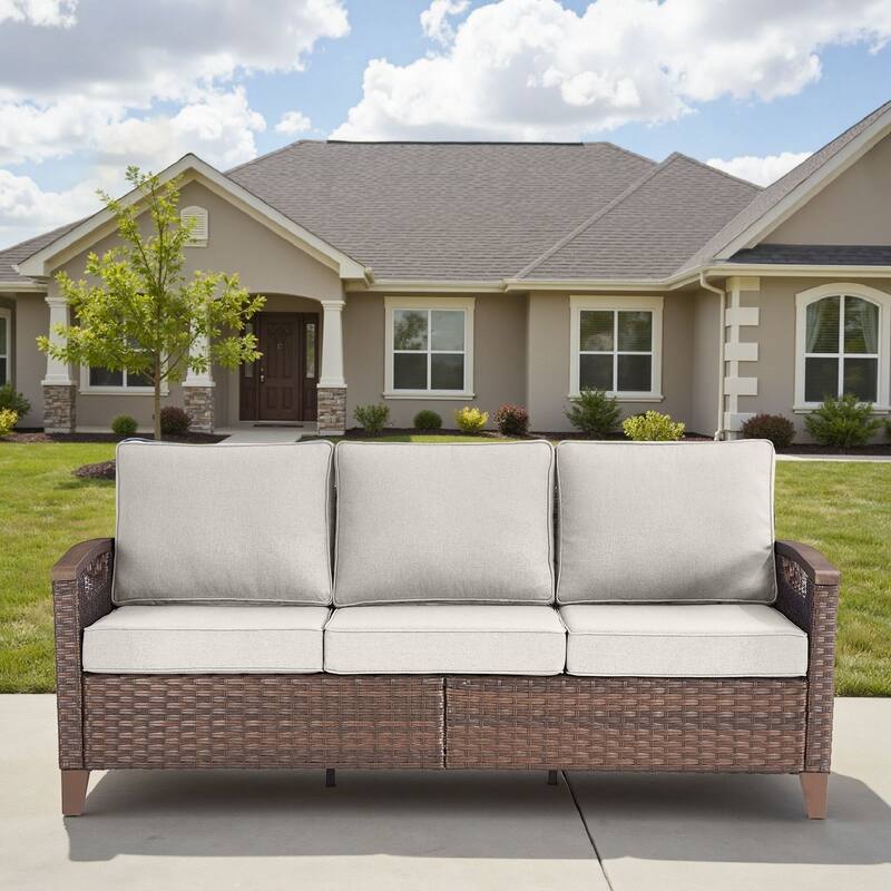 Pocassy Outdoor Brown Wicker Funitre with Cushion Set - Beige Cushion - 3-Seat Sofa