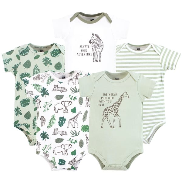 slide 1 of 1, Hudson Baby Infant Boy Cotton Bodysuits 5-Pack, Jungle 0-3 Months - Green Jungle