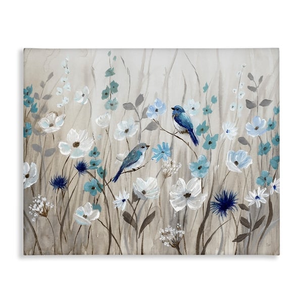 slide 2 of 11, Stupell Birds Floral Meadow Blue White Blossoms Canvas Wall Art 16 x 20