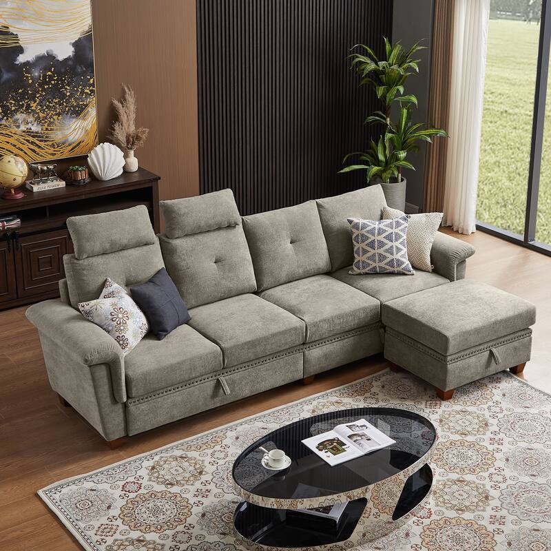 109" Modern 4 Seaters Towelling Sectional Sofa with Hidden Coffee Table Adjustable Headrest and Large Storage Space