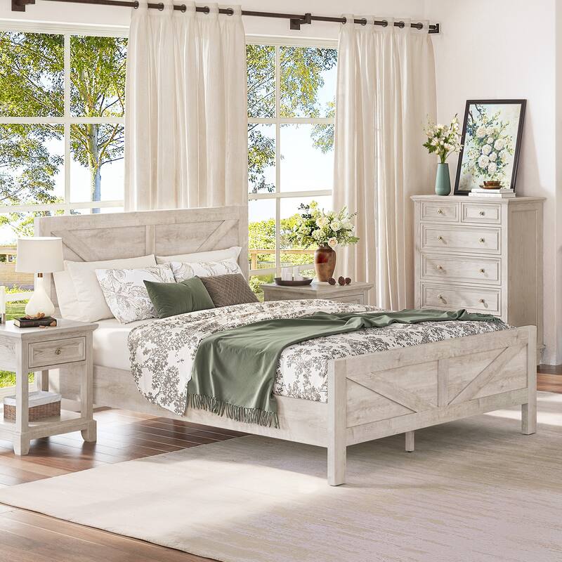 King/Queen Size Wood Platform Bed Frame With Headboard, Solid Wood Platform Bed, No Box Spring Needed, Easy Assembly - Queen - Old wood white/Queen
