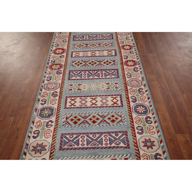 Blue Kazak Oriental Runner Rug Hand-Knotted Geometric Wool Carpet - 3'3" x 16'3"
