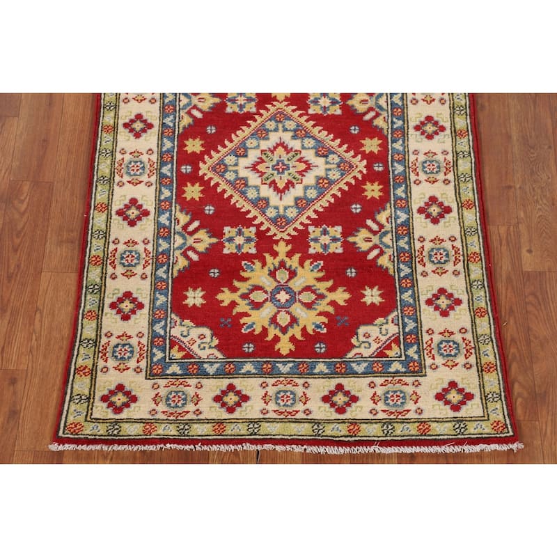 Geometric Red Kazak Accent Rug Handmade Home Decor Wool Carpet - 2'7" x 3'10"