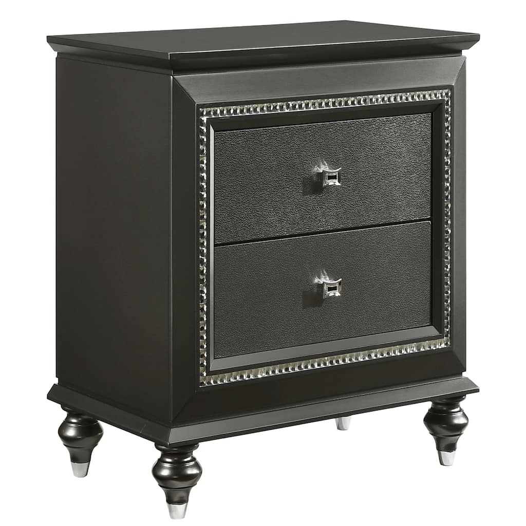 Metallic Grey Nightstand with 2 Drawers and Crystal-like Trim