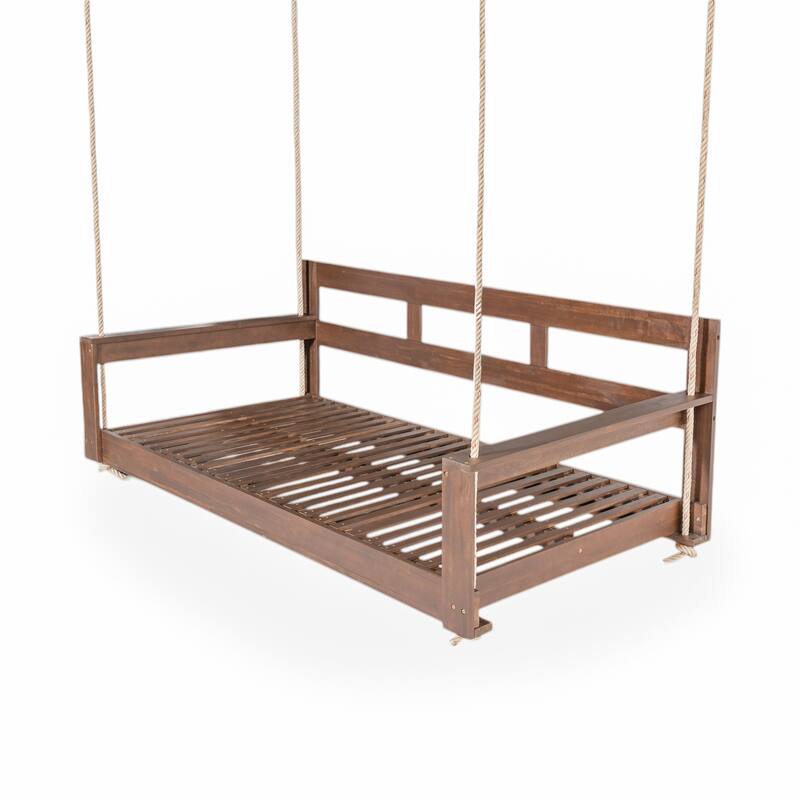 Twin Size Acacia Wood Porch Swing Daybed with Ropes, Outdoor Hanging Garden Bench Frame for Patio, Backyard or Porch