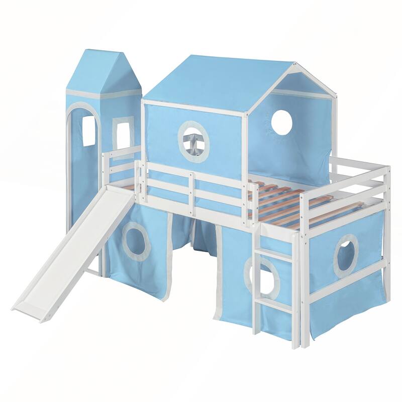 Twin Size Loft Bed with Slide Tent and Tower