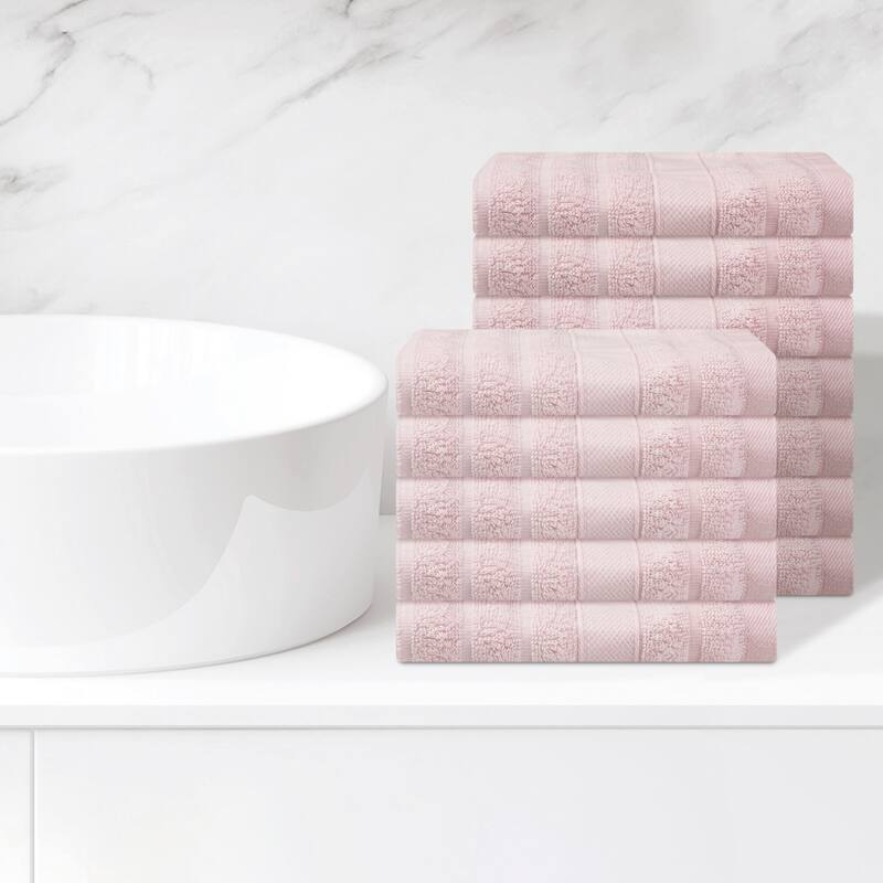 Striped 12 Pack Washcloths, Pure Cotton Face Towels, Comfort Towels for Bathroom, Hotel, Spa 14"x14" - Pink