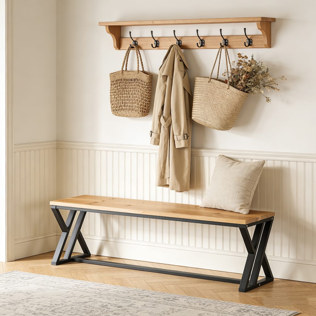55" Solid Wood Entryway Bench