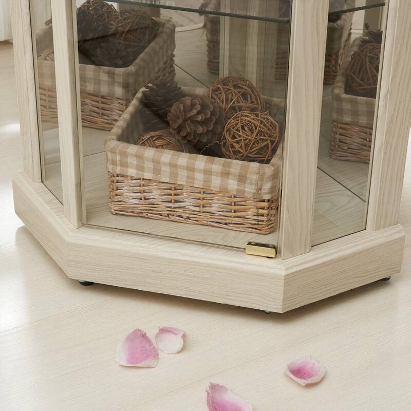 Corner Lighted Glass Curio Cabinet with Doors, Shelves and Mirrored Back for Display and Storage