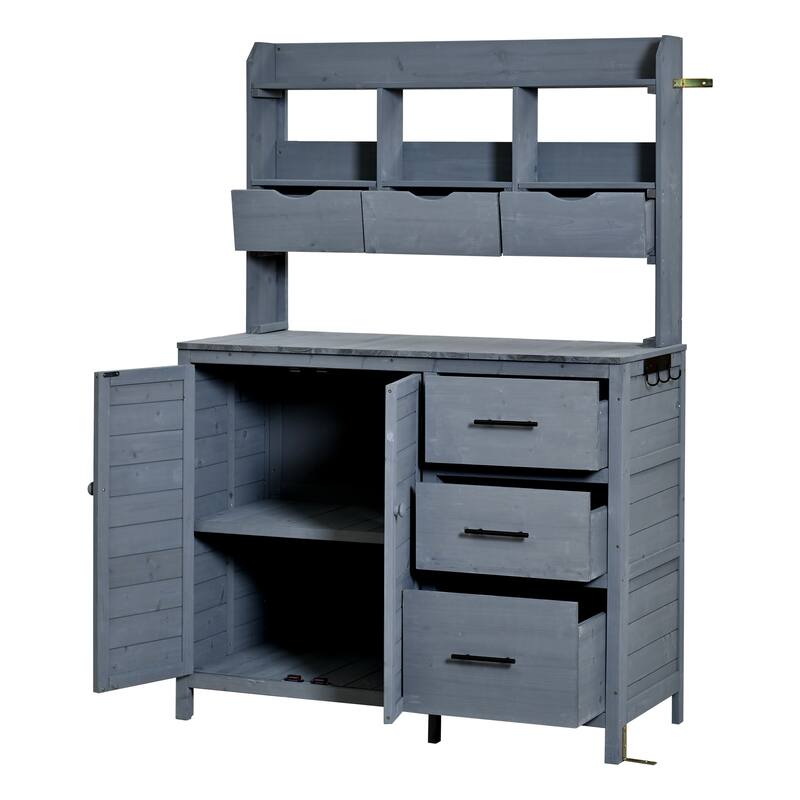 45" Farmhouse Patio Potting Bench Garden Workstation with 6 Drawers & Cabinet - Grey