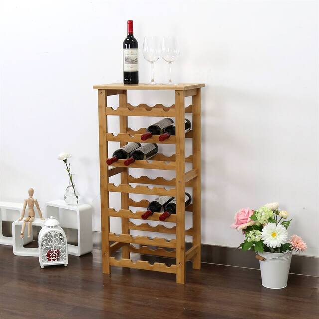 Kinbor 28/36 Bottle Bamboo Wine Display Storage Rack Free Standing Wine Display Shelf w/ Countertop