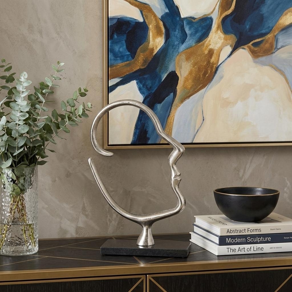 HomeRoots 12" Black and Silver Marble and Aluminum Tabletop Sculpture - 3.00 in. x 12.00 in. x 8.25 in.