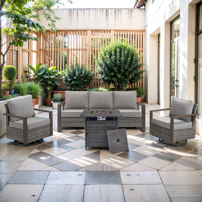 Pocassy Outdoor Fire Pit with 3-Seat Sofa Swivel Chairs Patio Furniture Set - Grey Wicker Gray Cushion - 4-Piece Sofa Swivel Chair with Fire Table