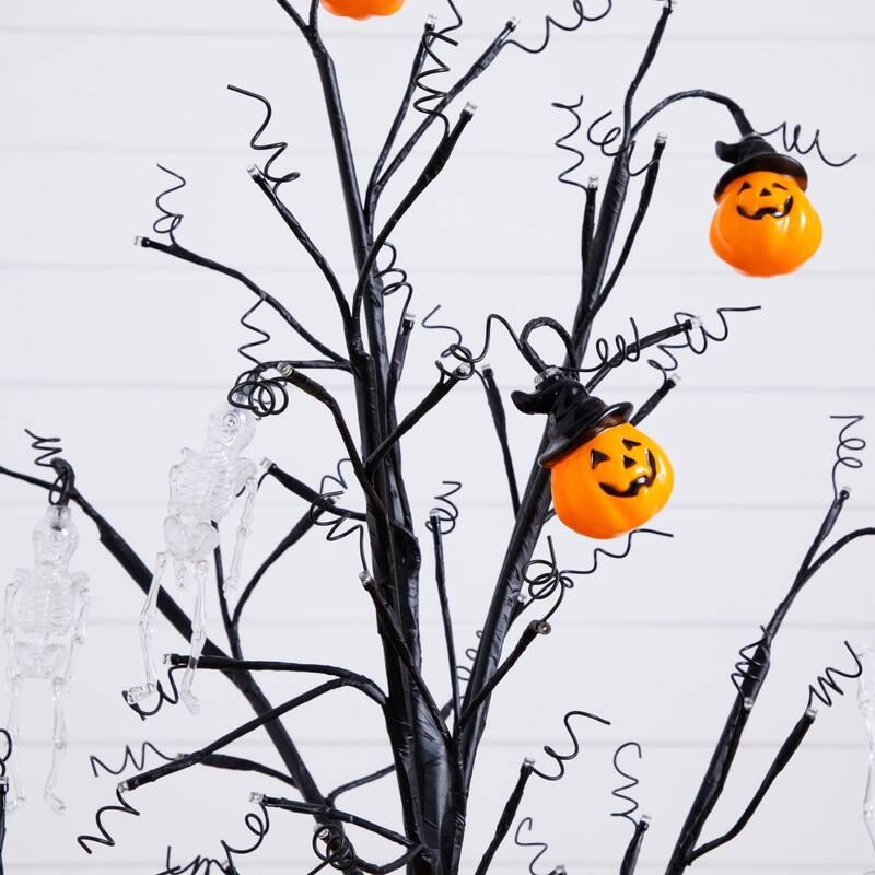 Pre-Lit Skulls and Pumpkins Artificial Halloween Twig Tree - 4' - LED Lights