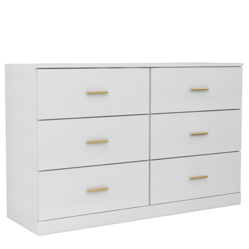 White 6-Drawer Dresser, Ample Storage Wide Chest of Drawers with Golden Handles