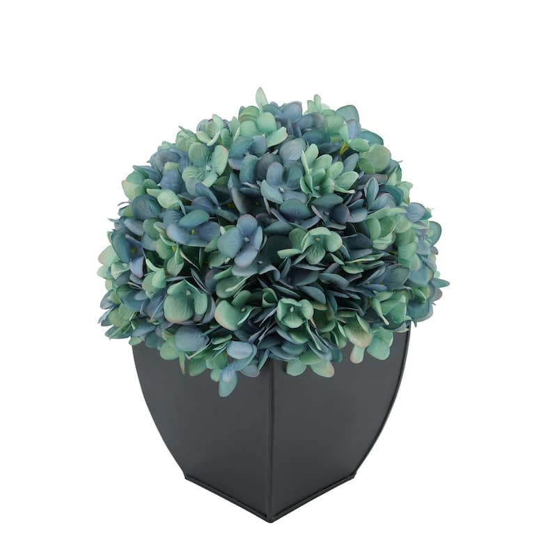Faux Hydrangea in Black Tapered Zinc Cube - Antique Aqua