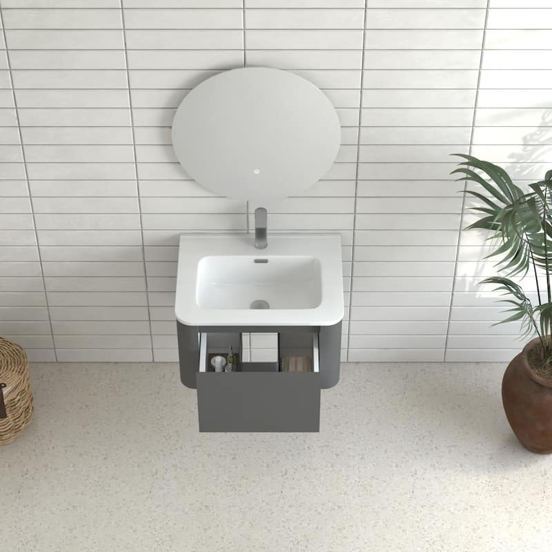 24" Grey Wall Mounted Bathroom Vanity With Basin Floating Vanity Drawer Bathroom Cabinet With White Ceramic Integrated Basin
