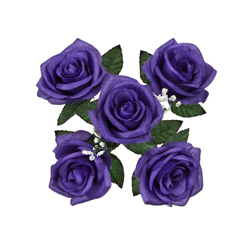 Set of 12 Dark Purple Artificial Open Rose Flower Stem Bush Bouquet 14in - 14" L x 7" W x 7" DP