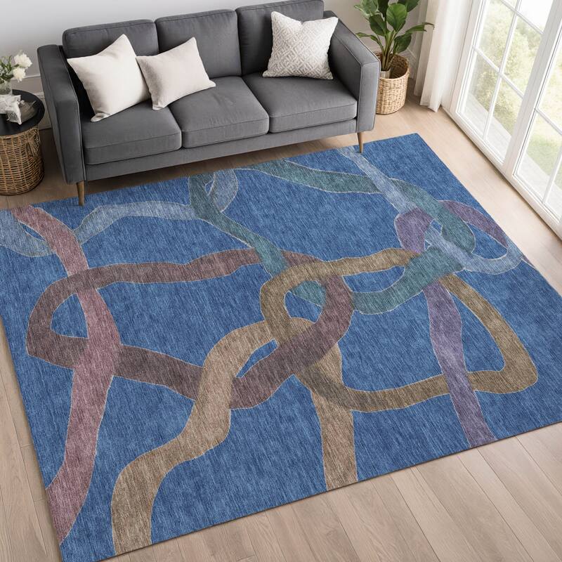 Machine Washable Indoor/ Outdoor Abstract Links Chantille Rug